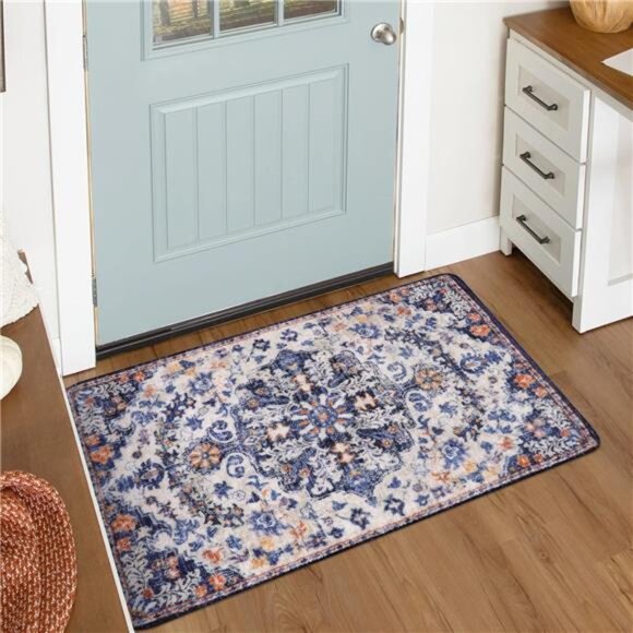 Bohemian Floral Medallion Area Rug - 2x3 Blue Small Kitchen Rug - Picture 4 of 7